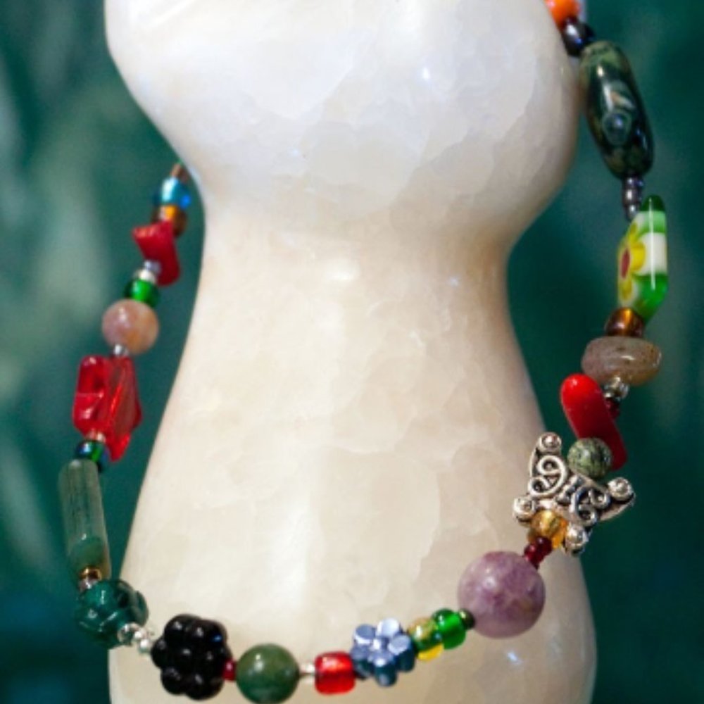 Bloodstone, Coral, and Silvertone Butterfly Bracelet (XL)